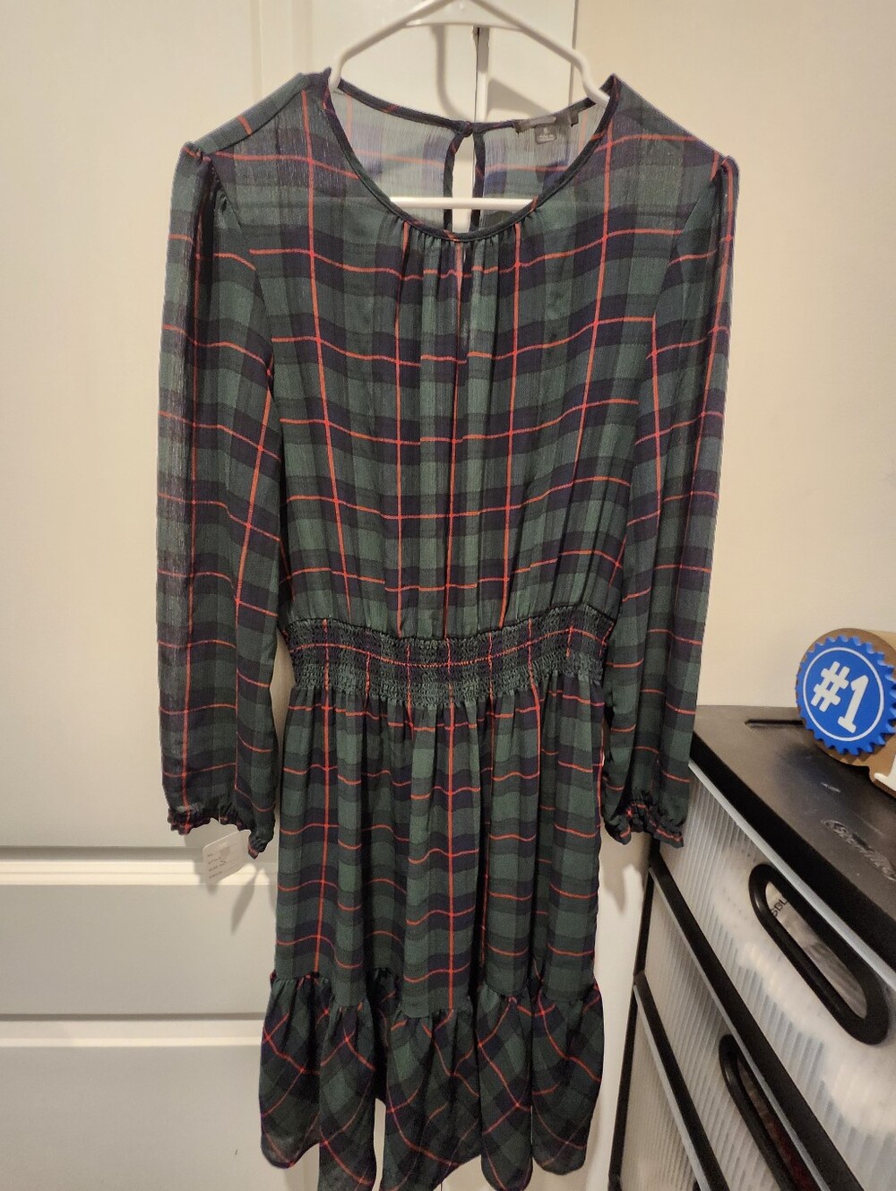 J.Crew Green Plaid Long-Sleeve Smocked Waist Dress